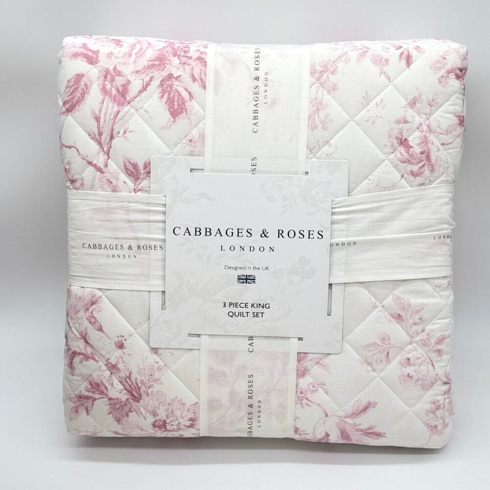 Cabbages & Roses Alderney Pink Floral Toile KING Quilt Bedding 3pc Set Raspberry - Picture 6 of 6